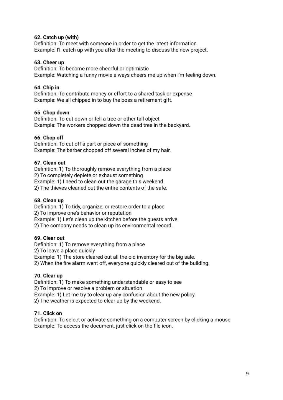 Entries 62-71, catch up (with) to click on, including clean and clear paired with out and up, defined and illustrated