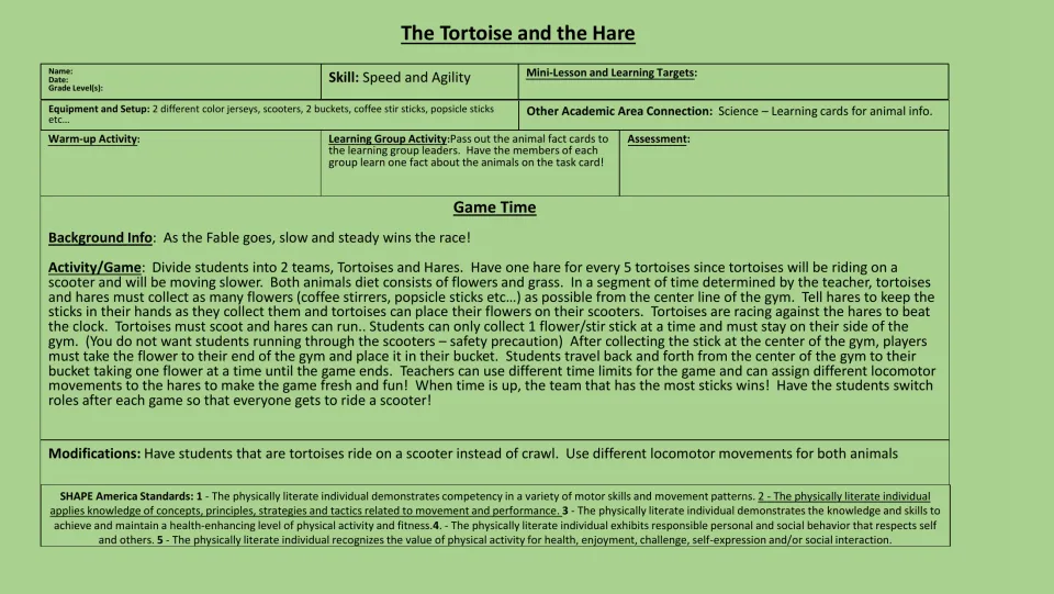Color PE lesson plan: tortoises ride scooters and hares run to collect sticks, with rules and modifications