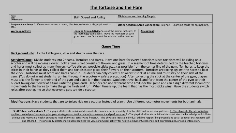 Grayscale PE lesson plan: teams collect one stick at a time, race the clock and switch animal roles