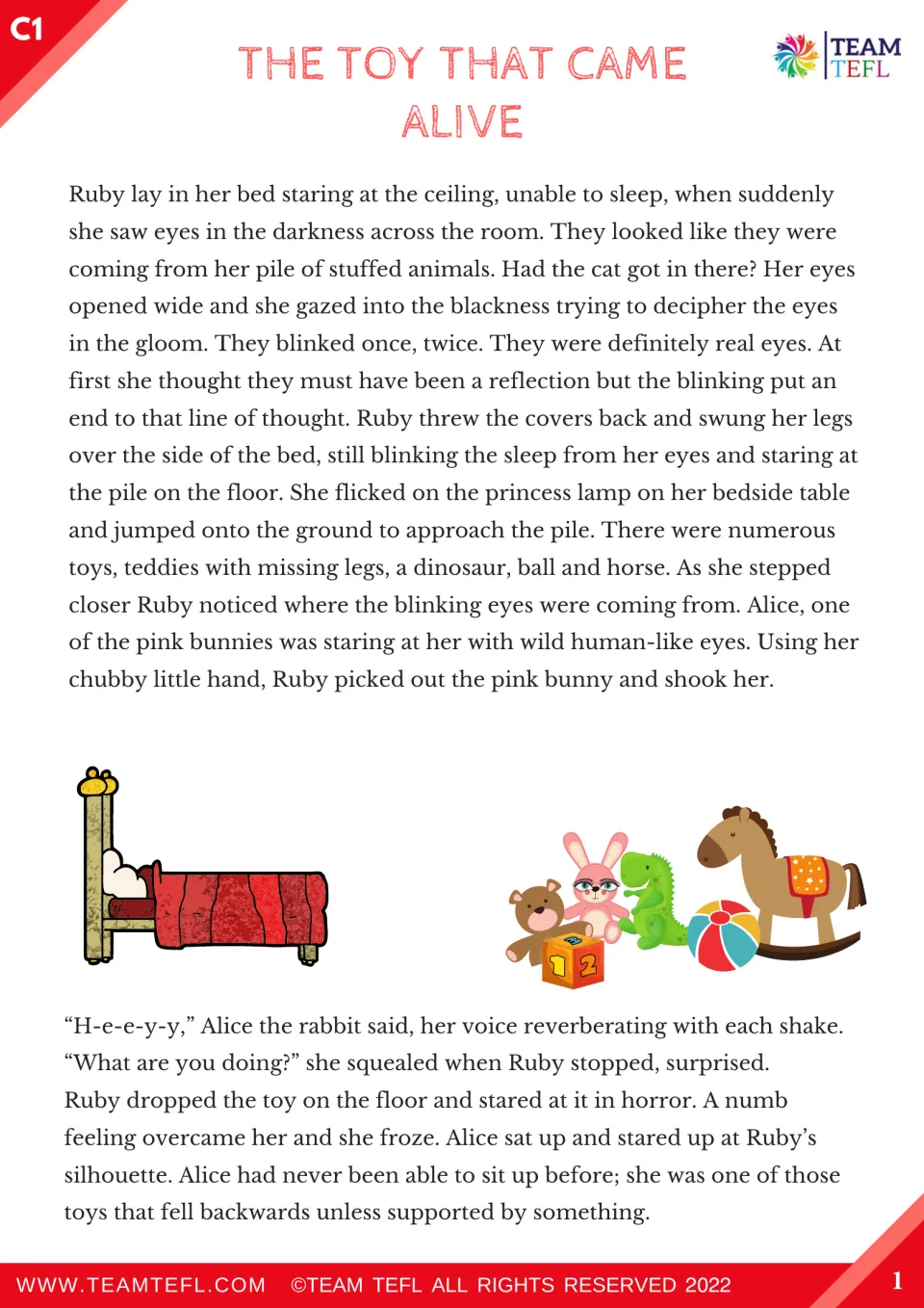C1 short story, part 1: Ruby sees blinking eyes in her toy pile at night and finds Alice, a pink bunny, has come alive