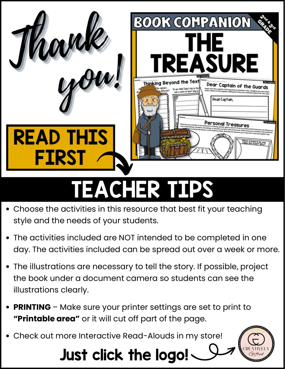 Book companion teacher tips explain activity selection, pacing, showing illustrations, and print settings.