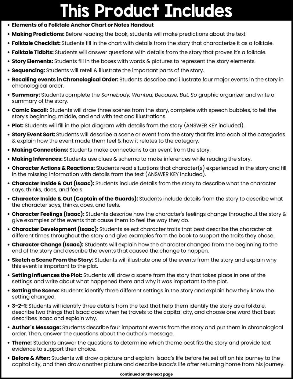 First contents page lists reading activities for predictions, folktale features, plot, characters, and theme.