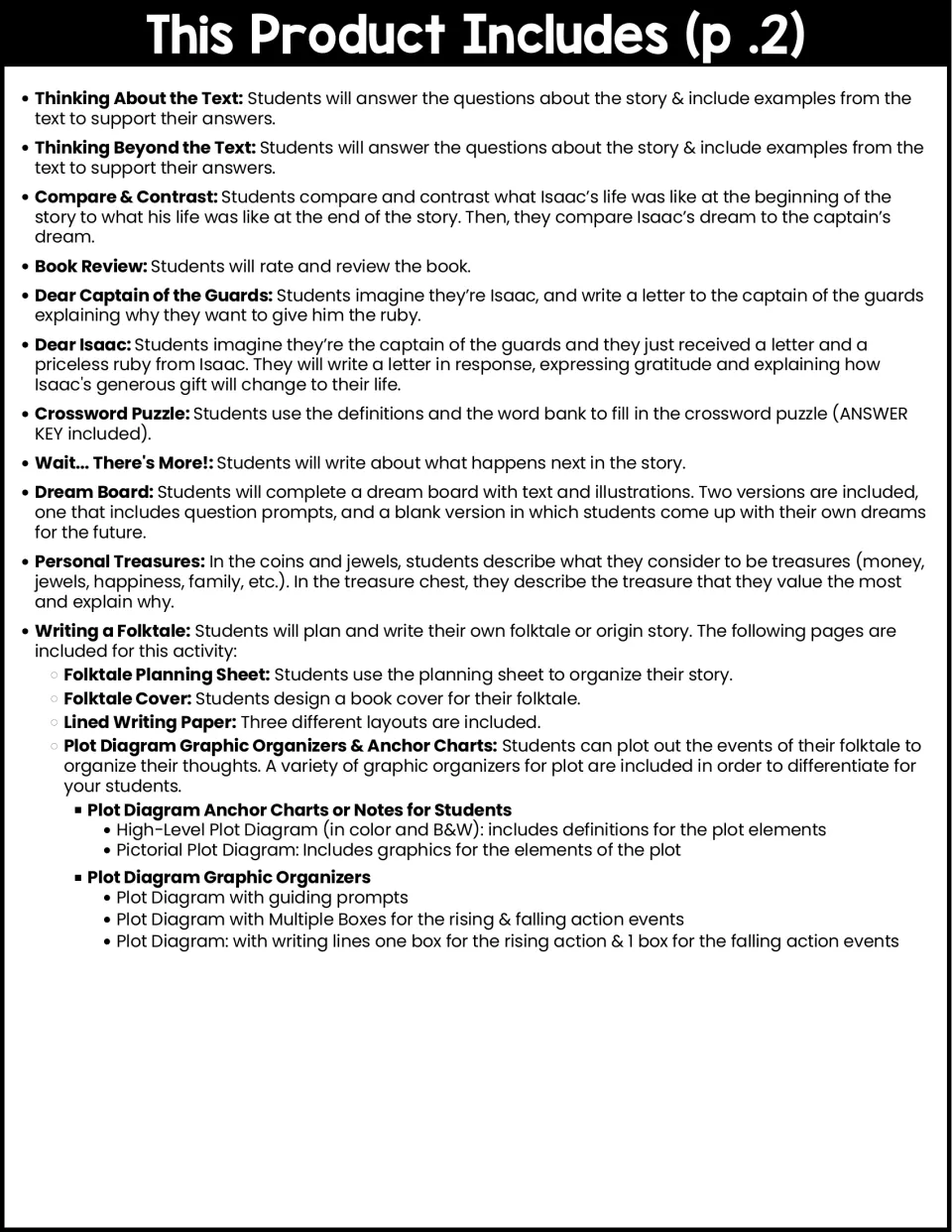 Second contents page lists text questions, comparison, letters, a crossword, and folktale writing materials.