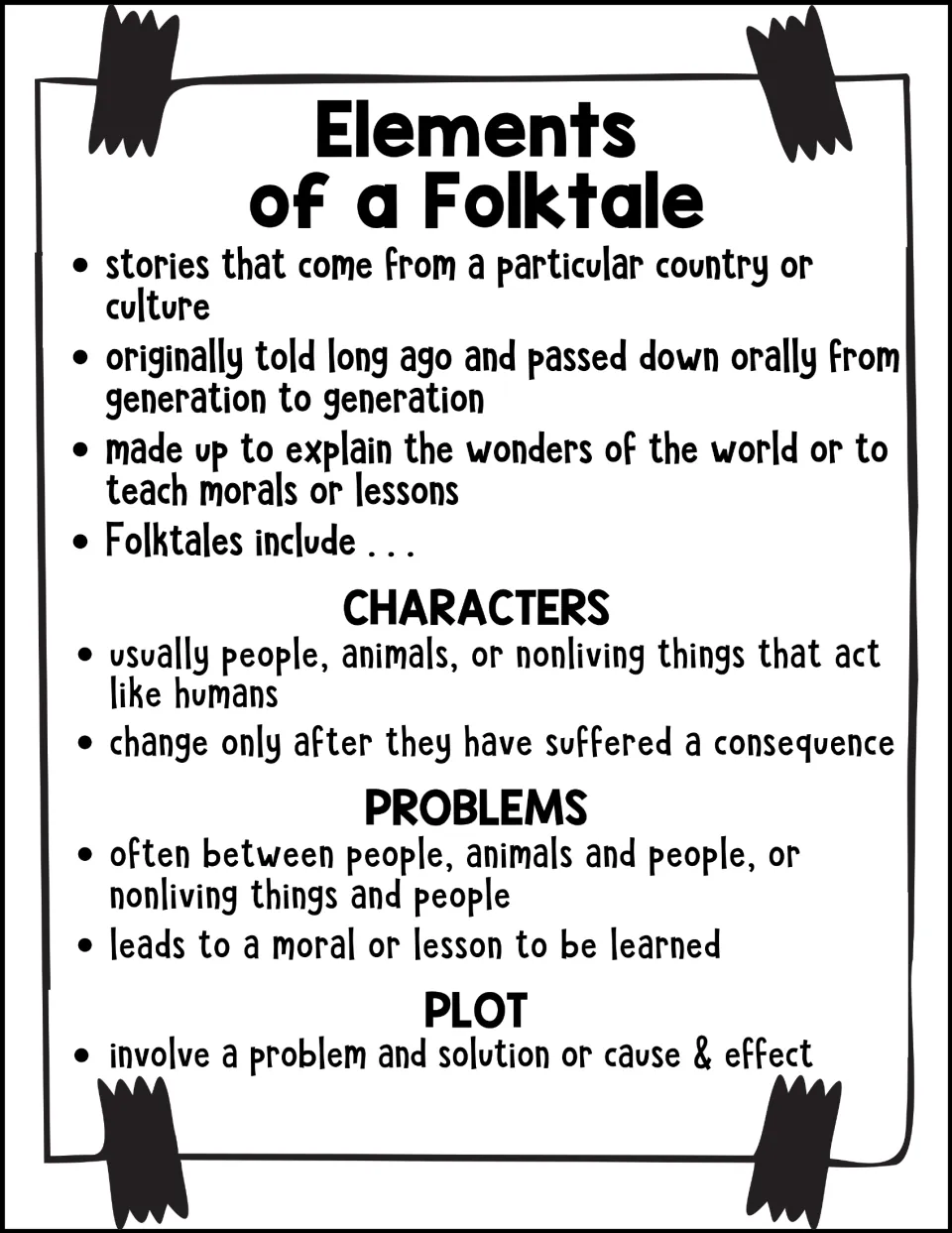 Elements of a Folktale reference handout describes oral traditions, lessons, characters, problems, and plot.