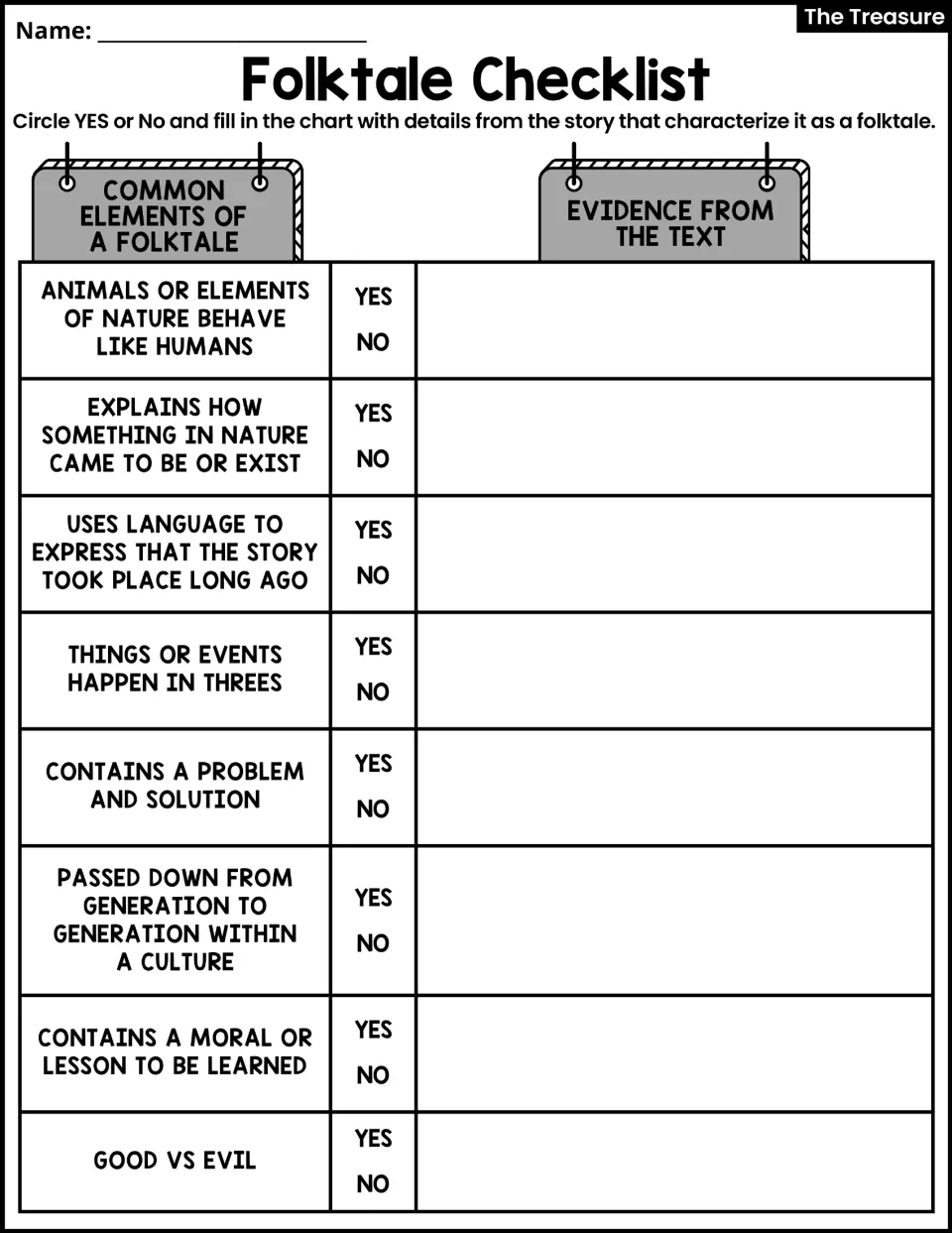 Folktale Checklist asks students to mark yes or no for eight folktale features and supply story evidence.