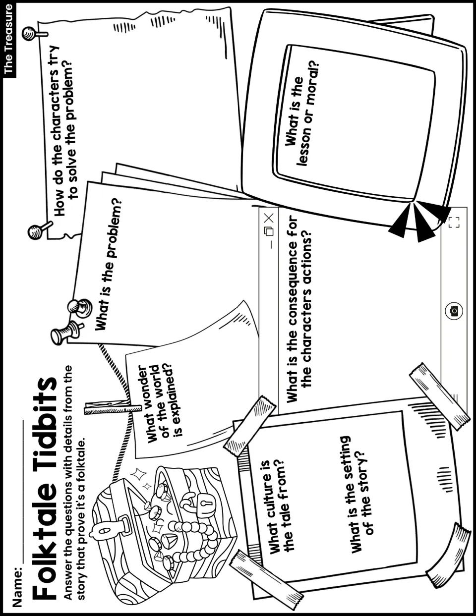 Folktale Tidbits asks about culture, setting, a wonder explained, the problem, attempts, consequences, and moral.