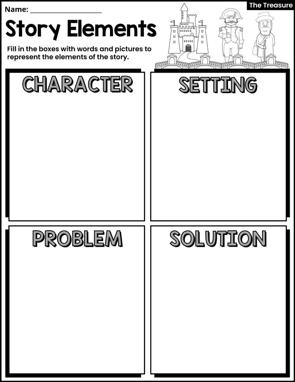 Story Elements activity asks students to use words and pictures to identify character, setting, problem, and solution.