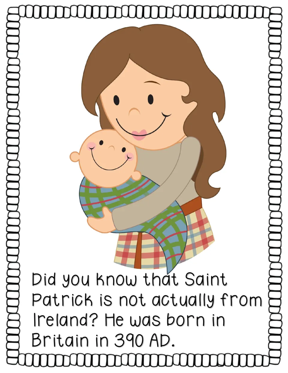 Story page states that Patrick was born in Britain in 390 AD, with an illustration of a mother and baby