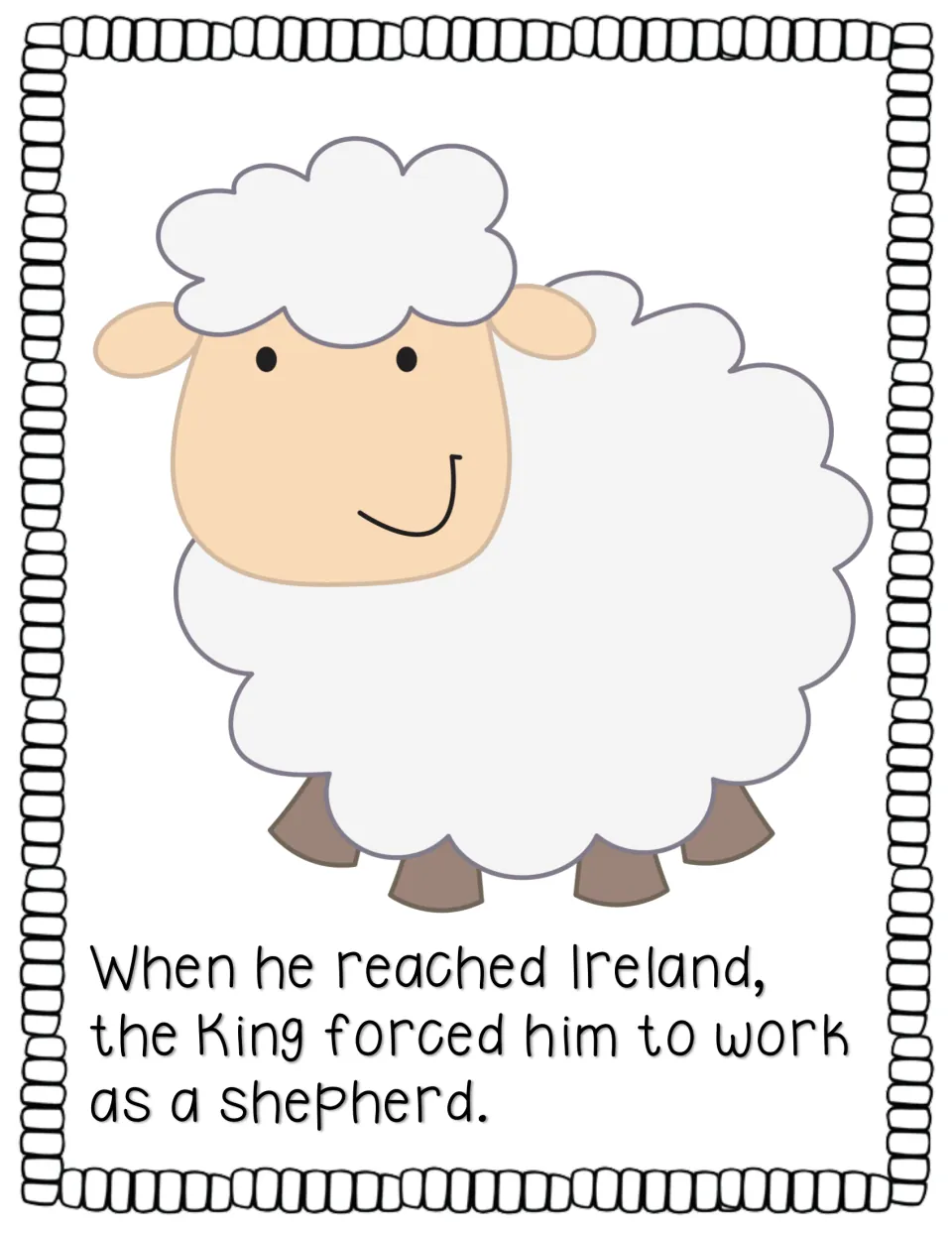 Story page explains that the king forced Patrick to work as a shepherd in Ireland, illustrated by a sheep
