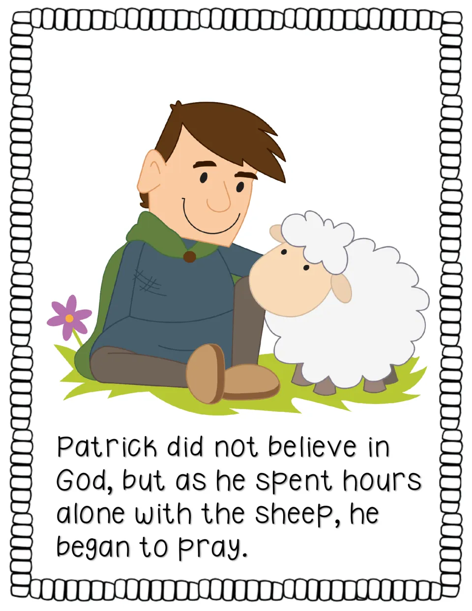 Story page describes Patrick beginning to pray while spending hours alone with the sheep he tended