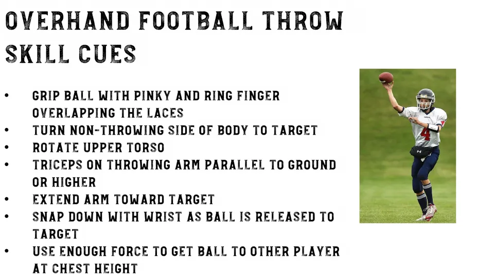 Overhand football throw skill sheet gives seven cues, including lace grip, torso rotation, and wrist snap