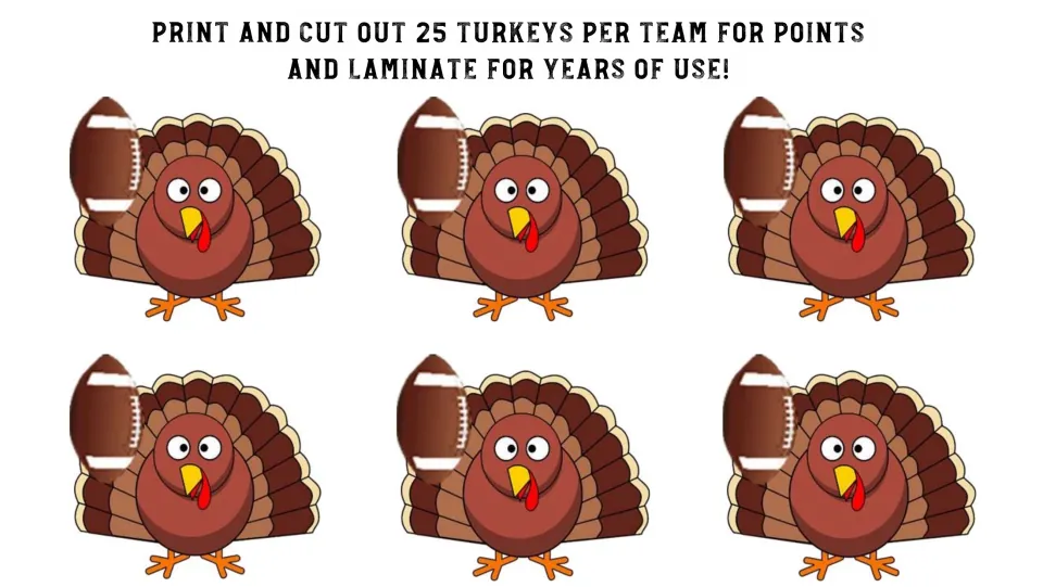 Six turkey scoring cutouts for the PE game, with instructions to print and cut out 25 turkeys per team