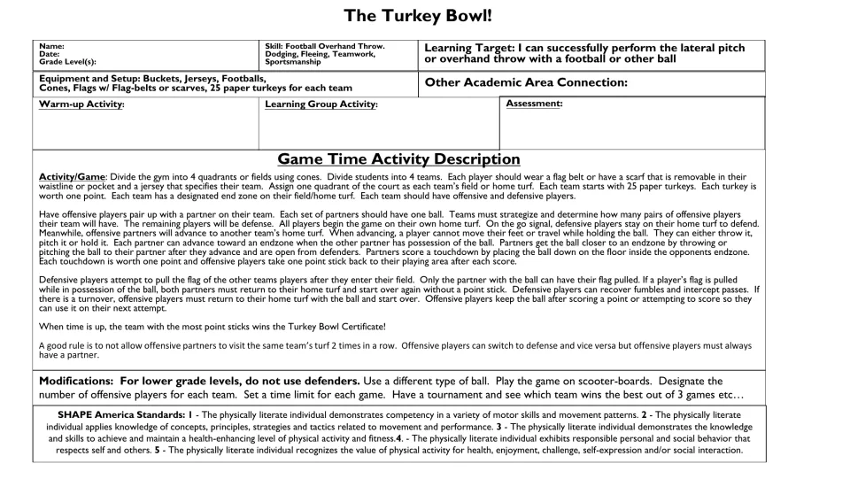Repeated PE game directions explain four-team play, partner passing, turnovers, scoring, and modifications