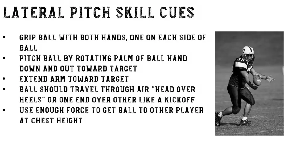 Grayscale lateral pitch skill sheet repeats five cues for grip, hand rotation, arm extension, and ball flight