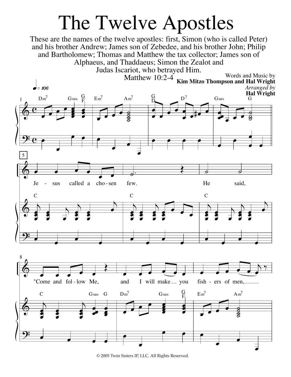 The Twelve Apostles song, bars 1-10: Matthew 10:2-4 text, piano intro and vocal line "Jesus called a chosen few"