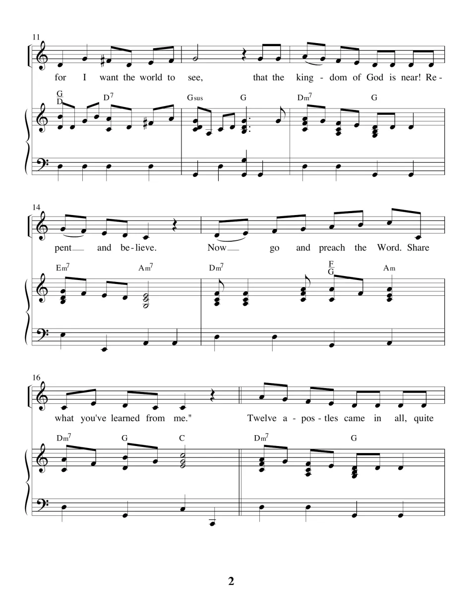 Song bars 11-17 for voice and piano with chords: "kingdom of God is near," "Now go and preach the Word" lyrics