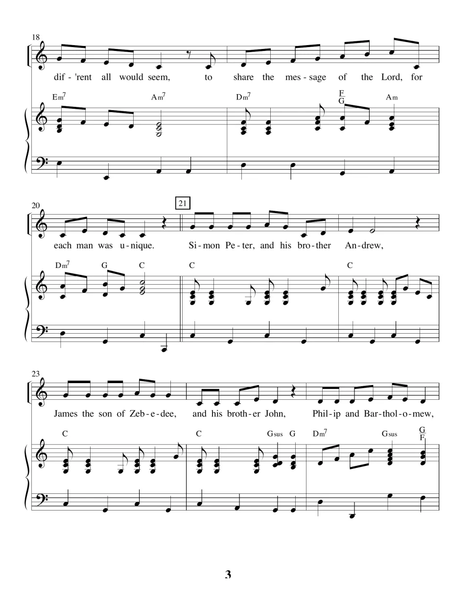 Chorus and apostle-name verse, bars 18-25: singers name Simon Peter, Andrew, James, John, Philip and Bartholomew