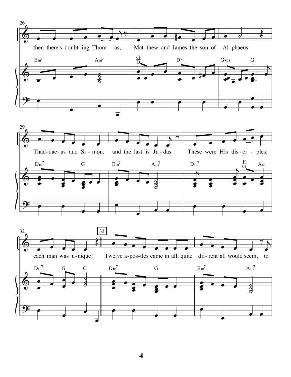 Bars 26-34 name Thomas, Matthew, James son of Alphaeus, Thaddaeus, Simon and Judas, then repeat the chorus lyrics