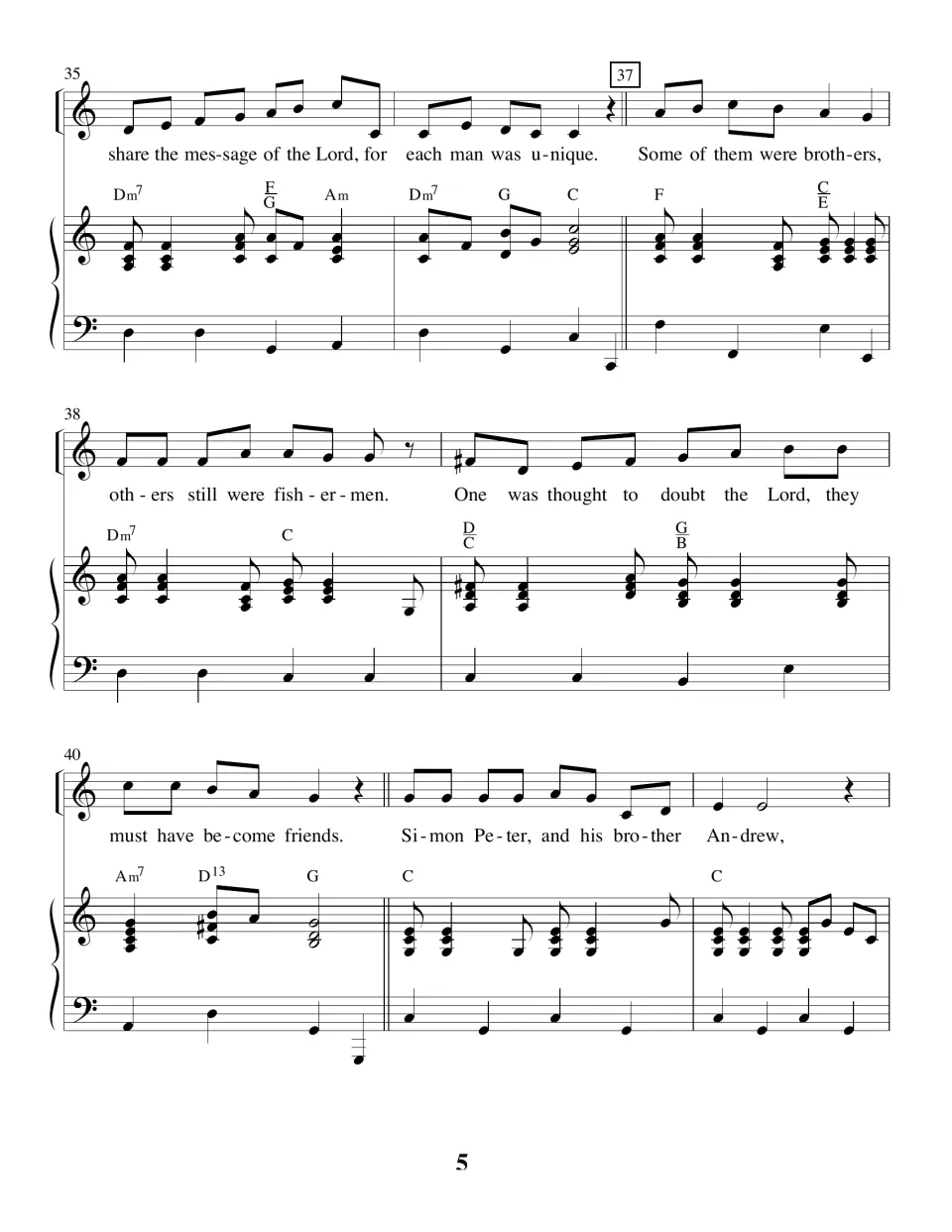 Bridge, bars 35-42, for voice and piano: lyrics on brothers, fishermen and the one who doubted, then Simon Peter again