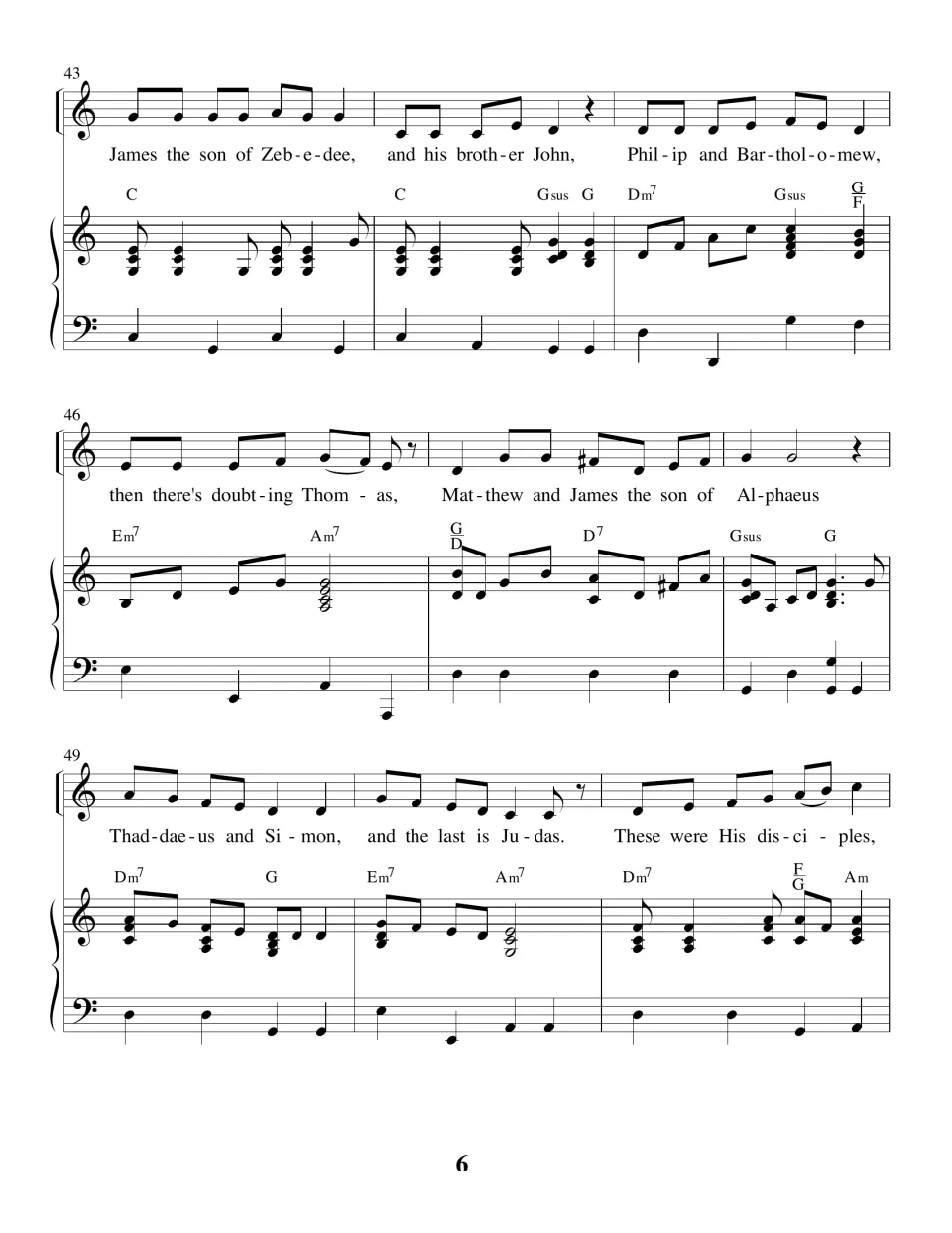 Repeat of the apostle names, bars 43-51: James, John, Philip, Bartholomew, Thomas, Matthew, Thaddaeus, Simon and Judas