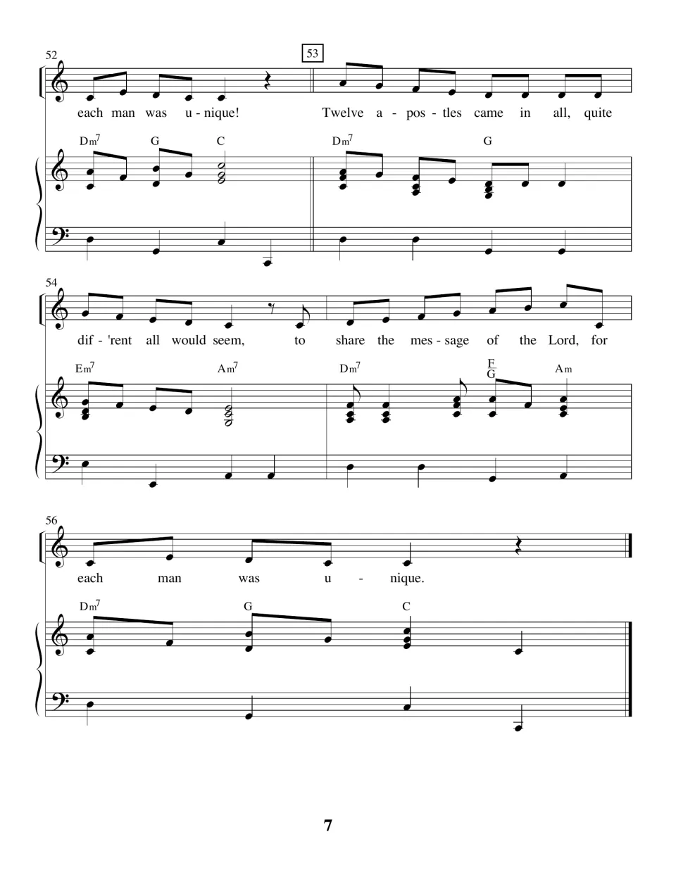 Final chorus, bars 52-56, with piano chords: "Twelve apostles came in all" ending with "each man was unique"