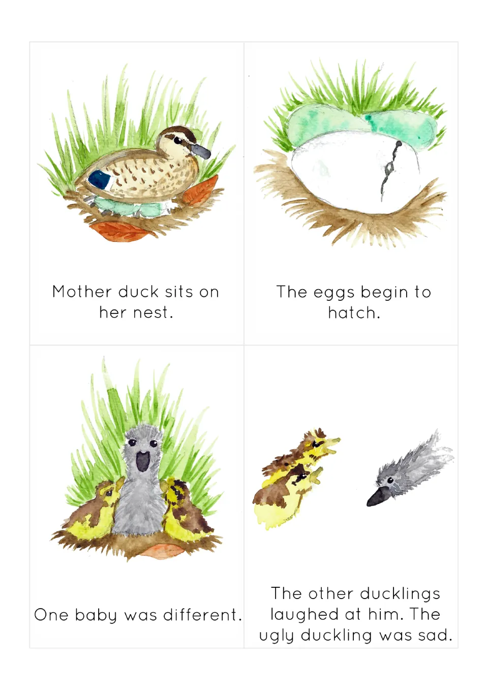 Sequencing cards 1–4: mother duck nests, eggs hatch, one baby is different, and the other ducklings laugh.