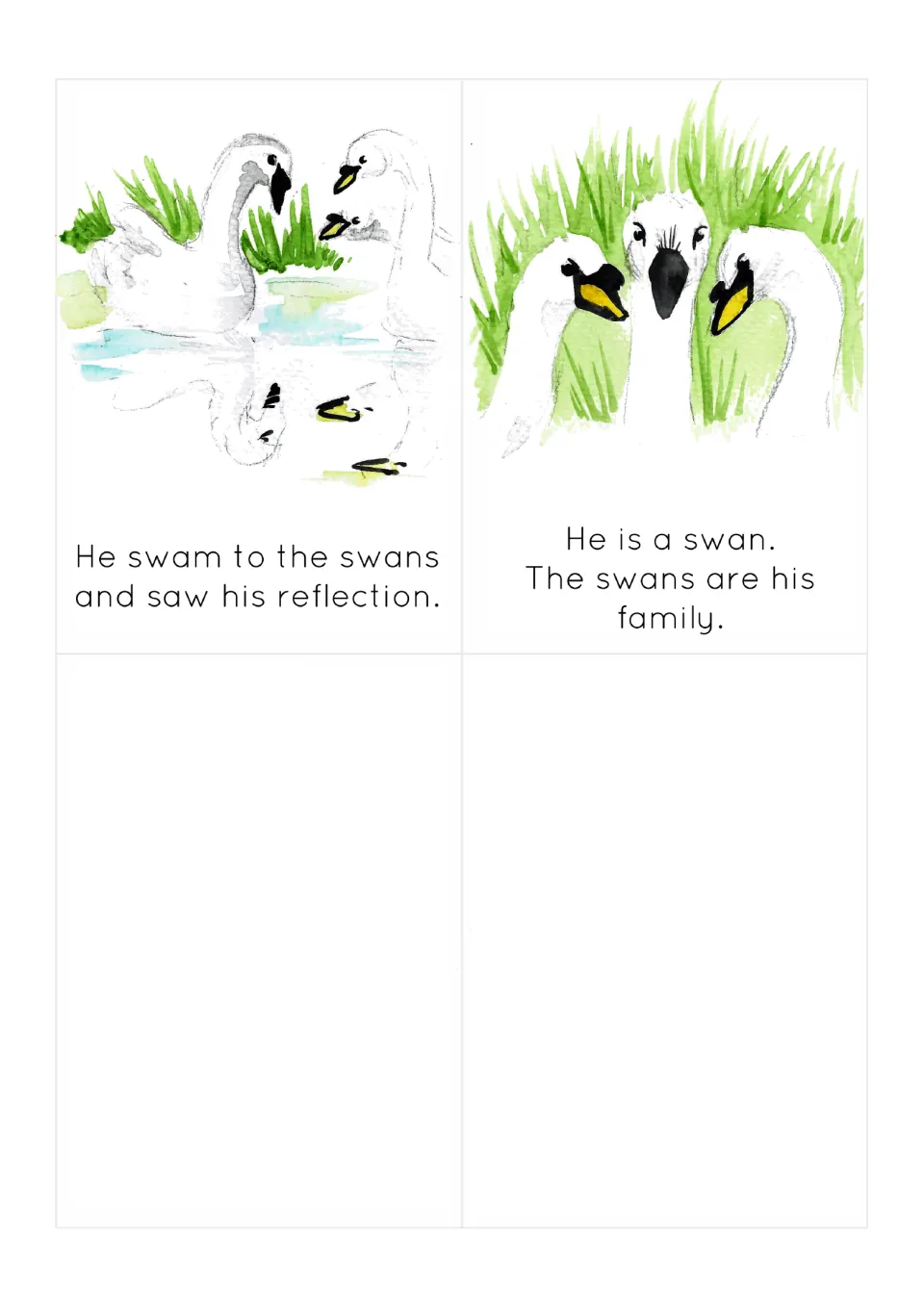 Sequencing cards 9–10: the duckling sees his reflection, discovers he is a swan, and finds his swan family.
