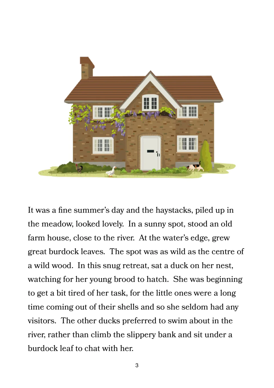 Story opening describes a summer day near a farmhouse and a mother duck waiting for her eggs to hatch
