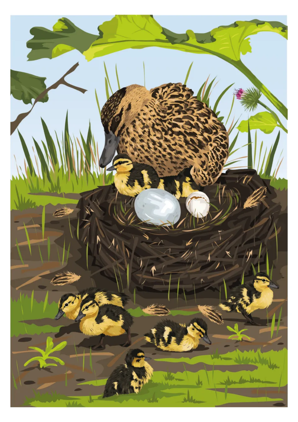 Story illustration shows the mother duck and newly hatched ducklings beside a large unhatched egg