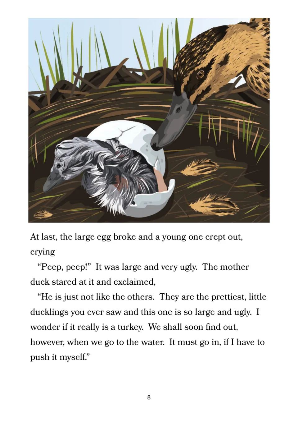 Story passage and illustration show the large egg hatching and the mother questioning whether it is a turkey