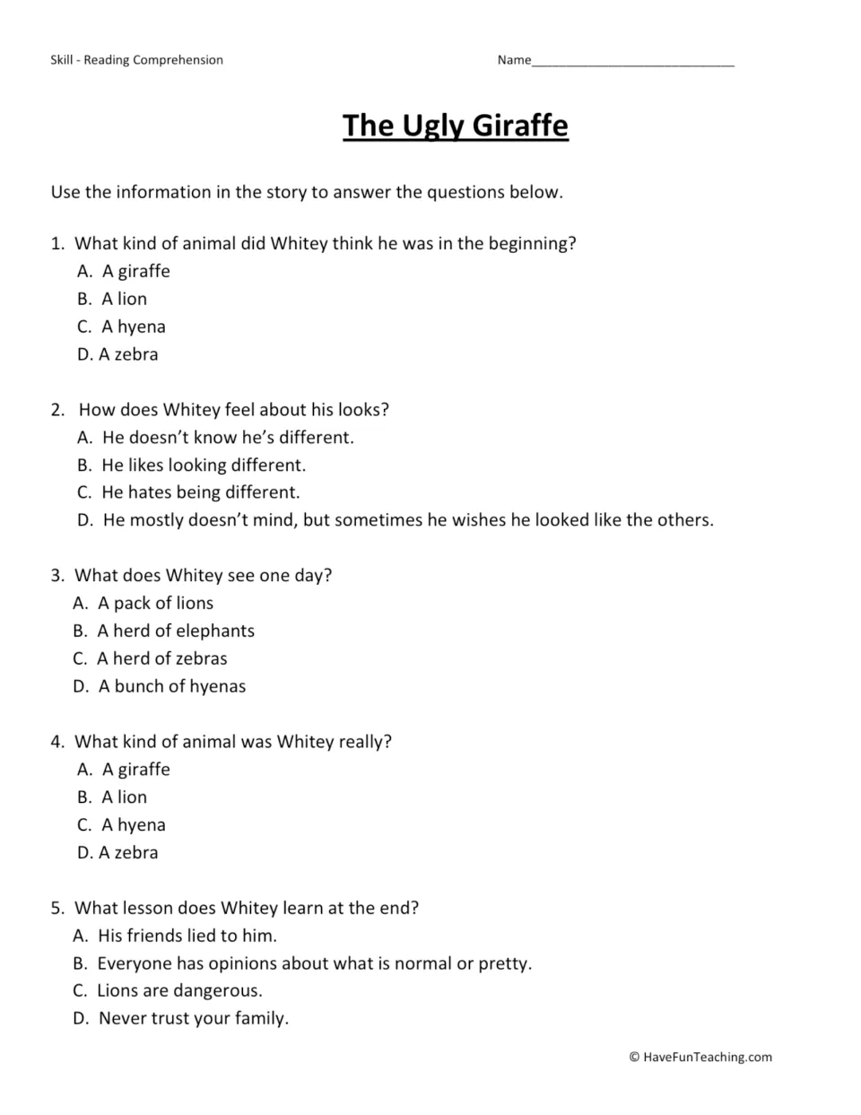 Five multiple-choice questions about Whitey's identity, feelings about his looks, and the story's lesson.