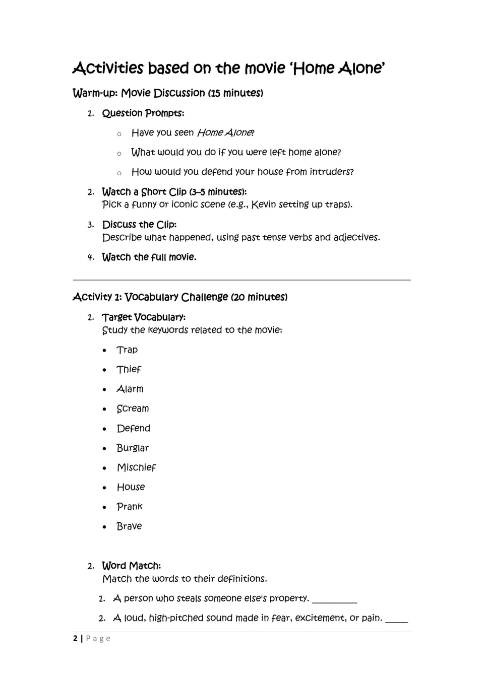 Home Alone lesson opening: movie discussion, clip viewing, and ten vocabulary words for a matching activity