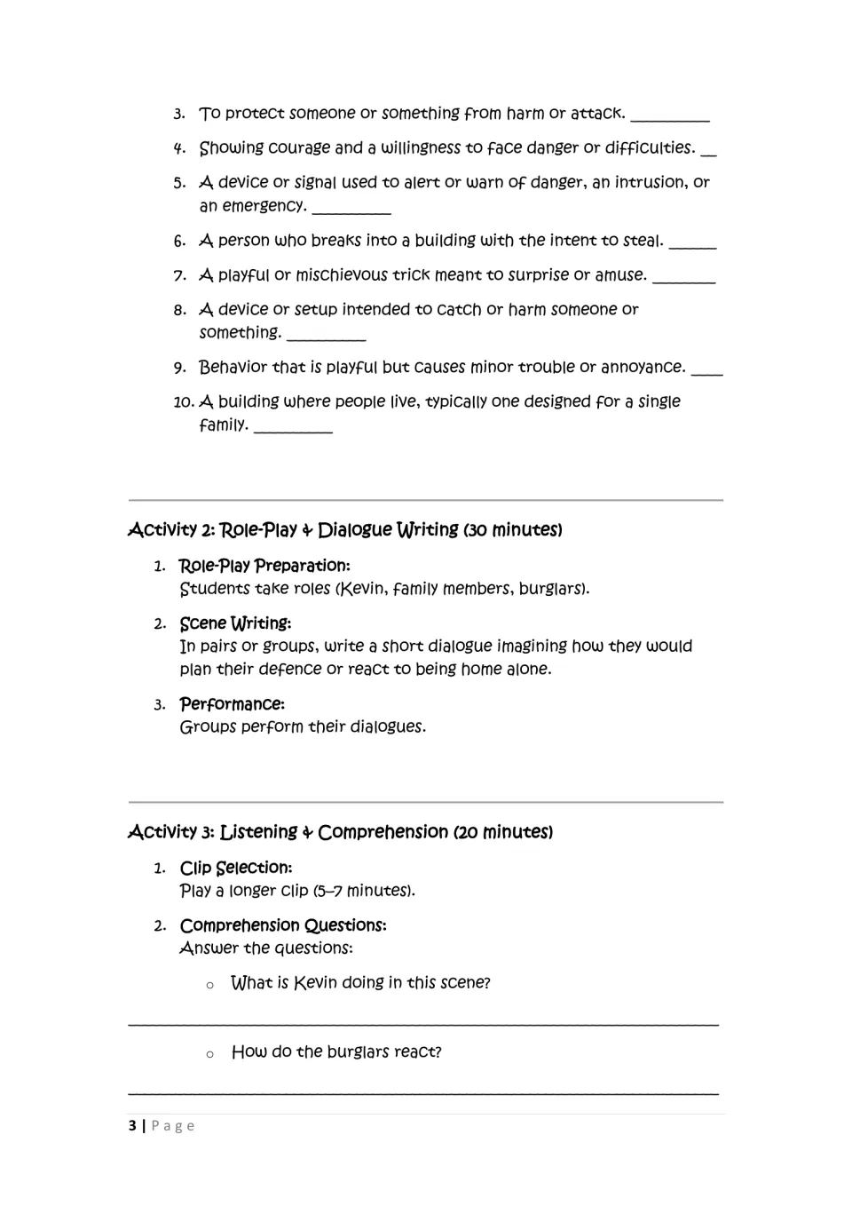 Home Alone activities continue with vocabulary definitions 3–10, dialogue role-play, and clip comprehension