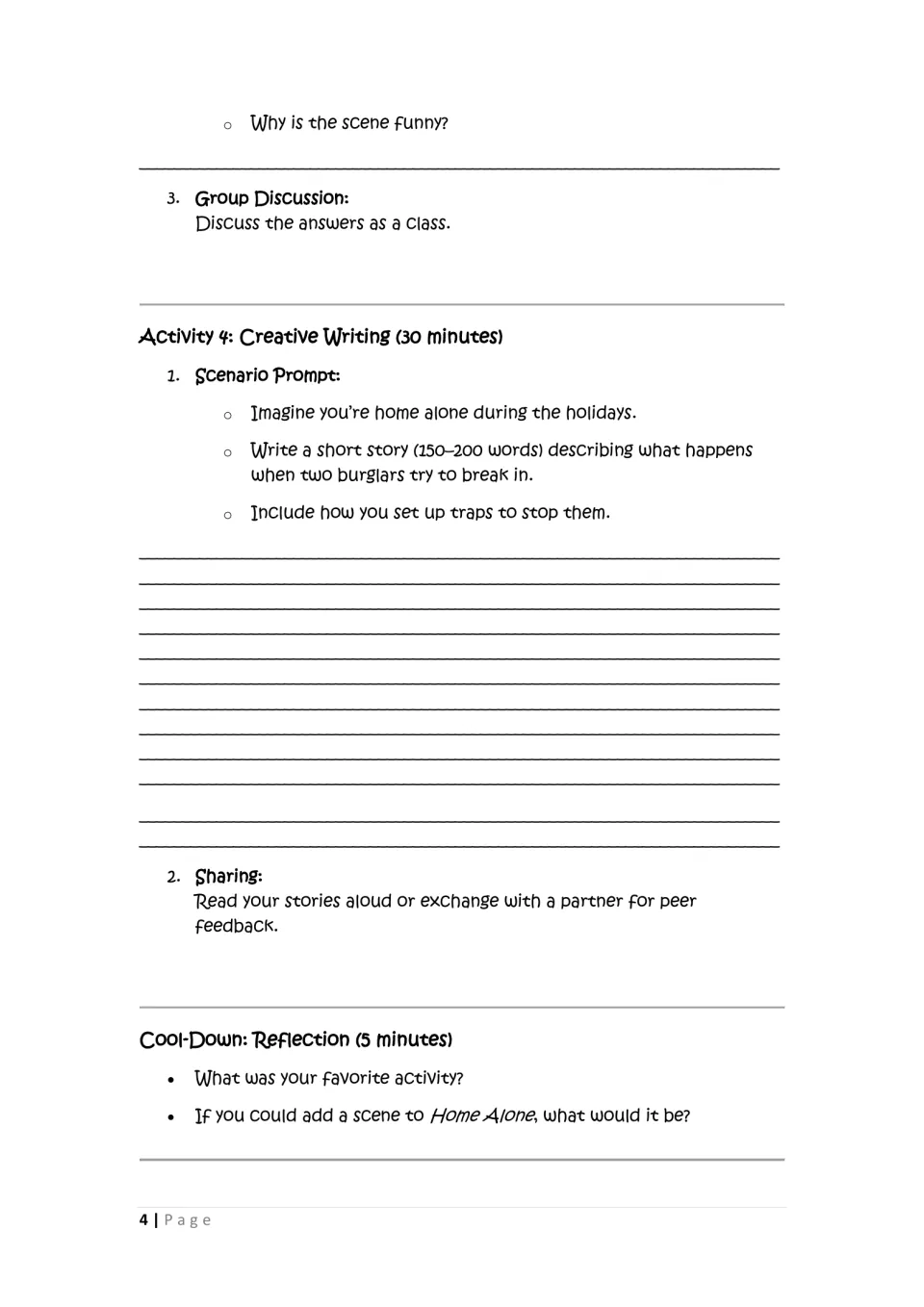 Home Alone lesson conclusion: discuss scene humor, write a 150–200-word holiday story, and reflect