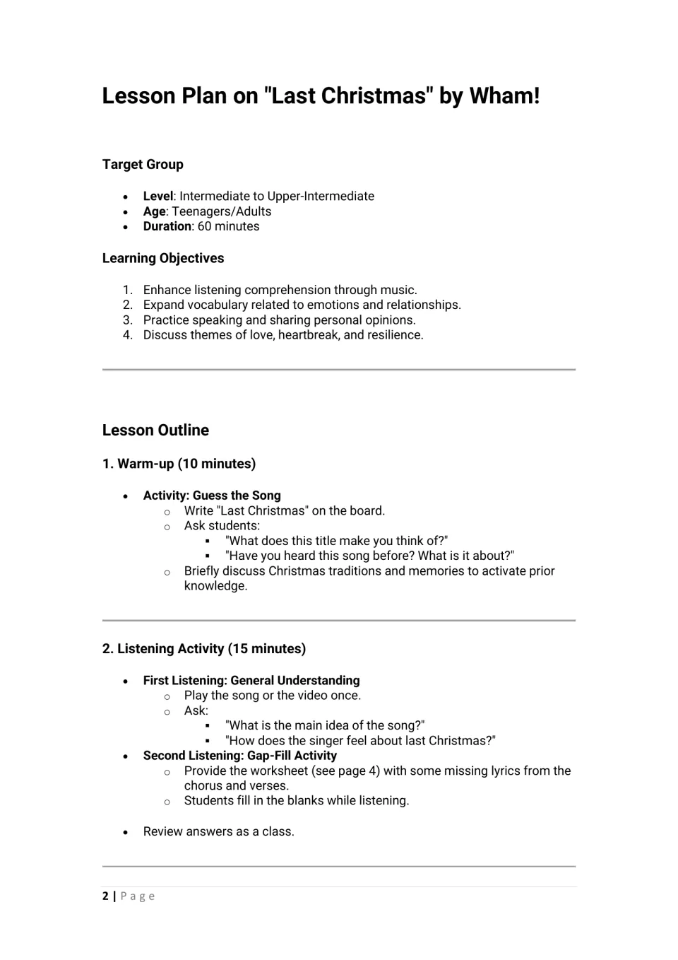 Last Christmas lesson opening: a 60-minute plan for teens and adults, with warm-up and listening activities