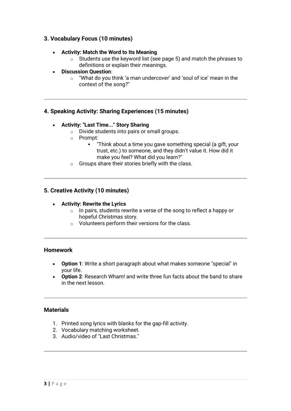 Last Christmas lesson continuation: vocabulary matching, story sharing, verse rewriting, and homework