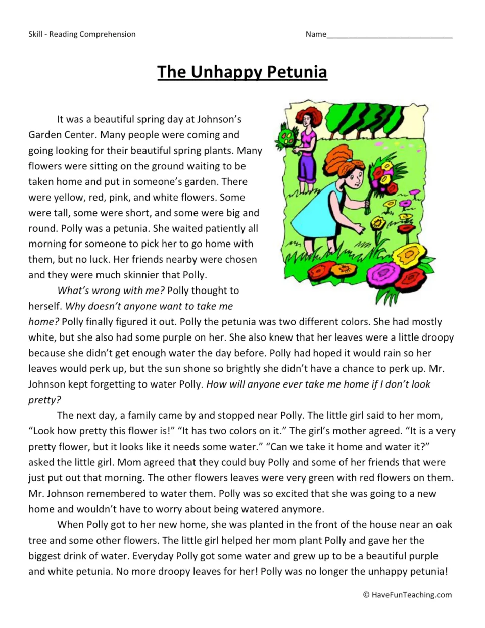 Reading passage about Polly, a purple and white petunia who finds a new home and gets the water she needs.