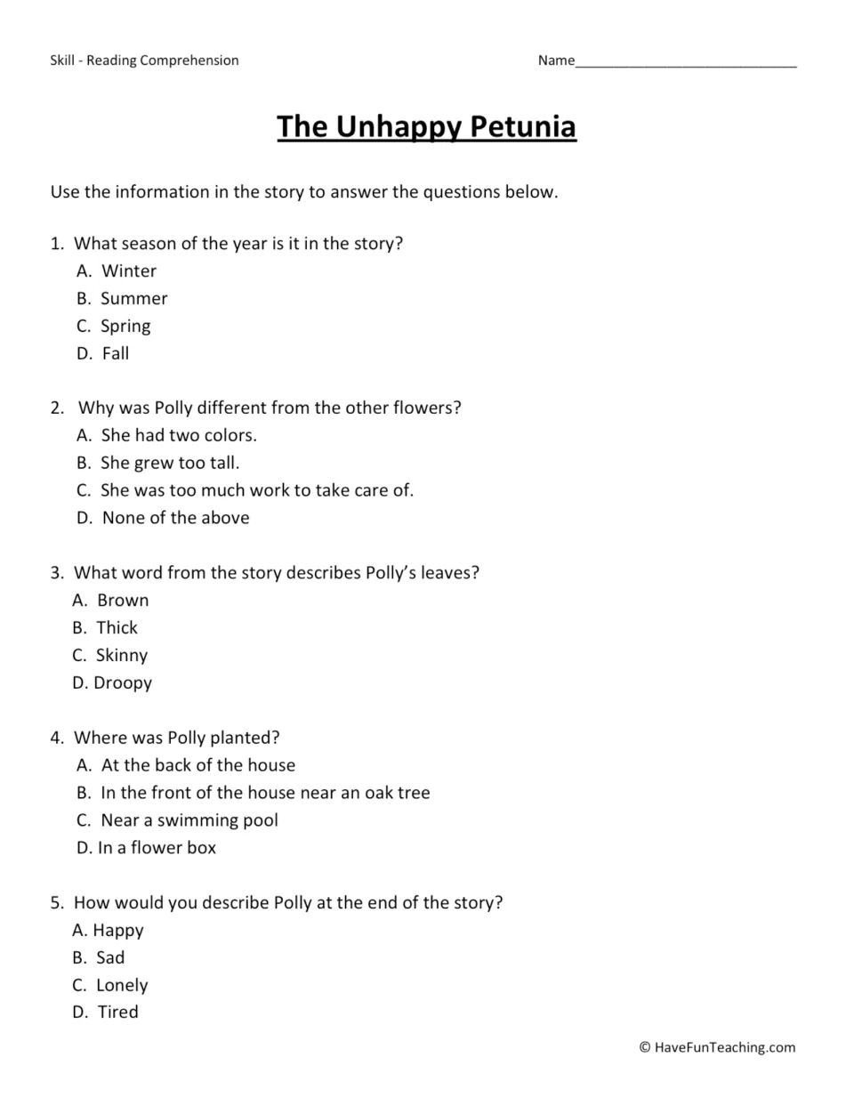 Five multiple-choice questions about the story's season, Polly's colors, leaves, planting spot, and mood.