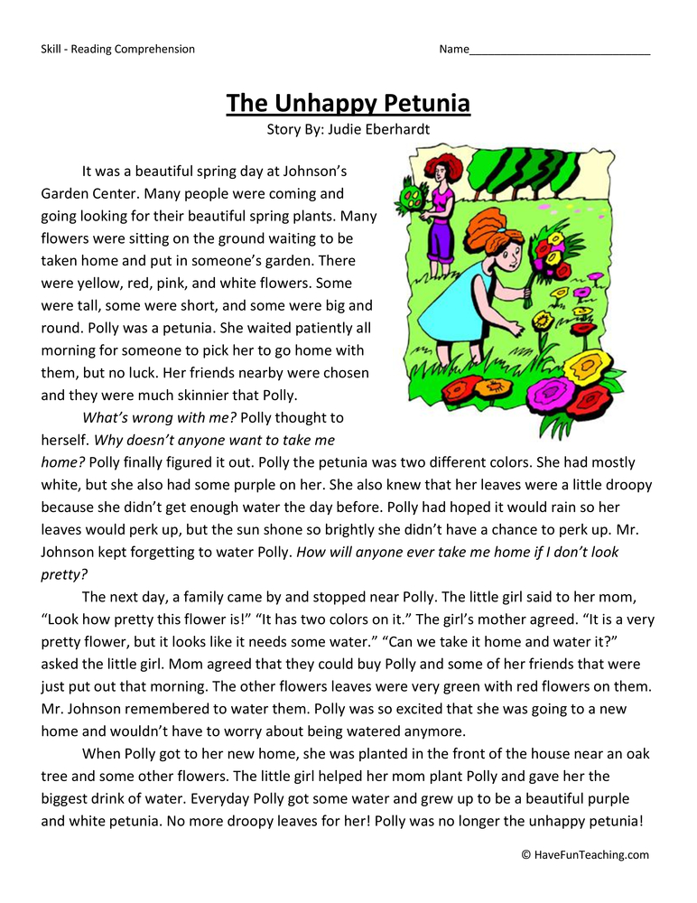 The Unhappy Petunia Reading Comprehension Worksheet teaching resource preview
