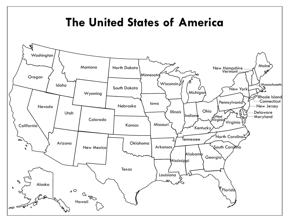 U.S. geography: black-and-white outline map naming all 50 states, plus Alaska and Hawaii, for students to color and study