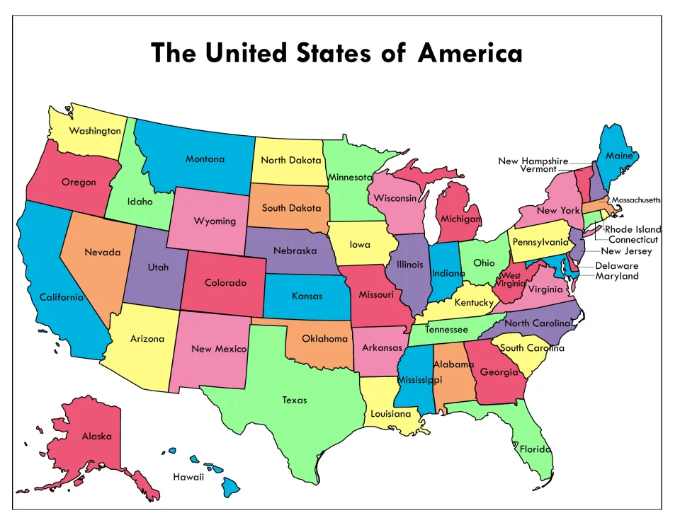 Full-color map of the United States with each of the 50 states labeled by name, including Alaska and Hawaii at lower left