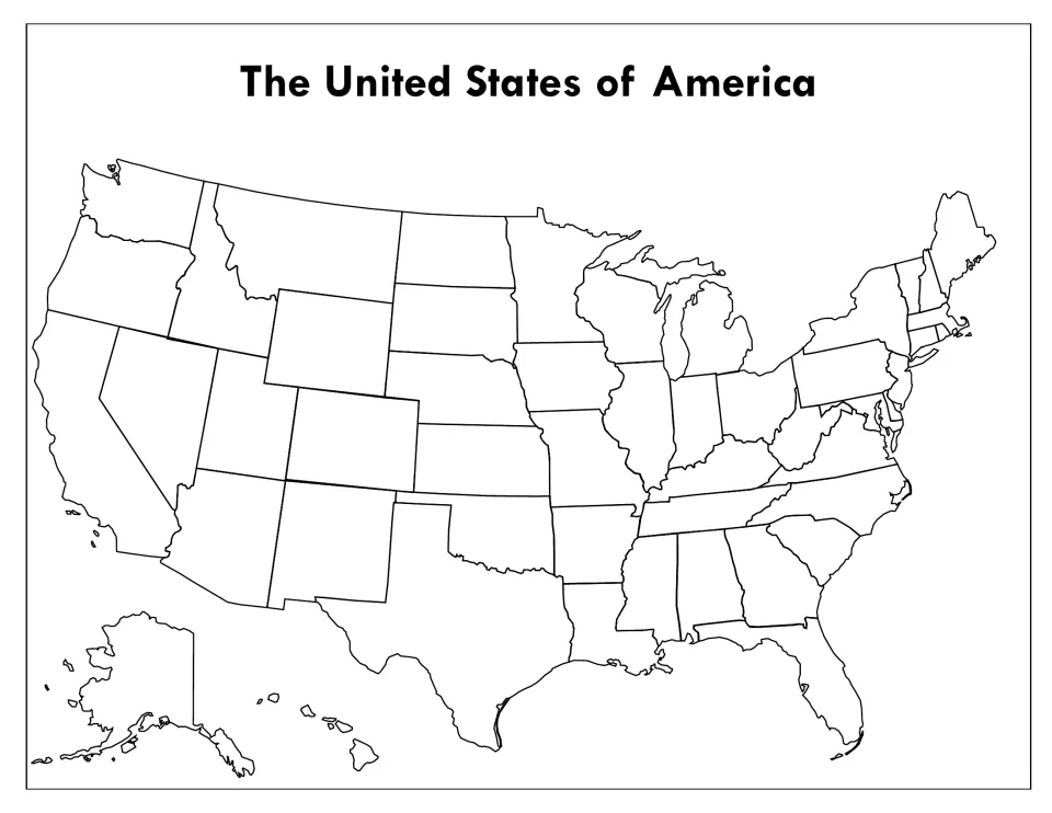 Blank outline map of the 50 US states with Alaska and Hawaii inset, unlabeled for students to label or colour each state