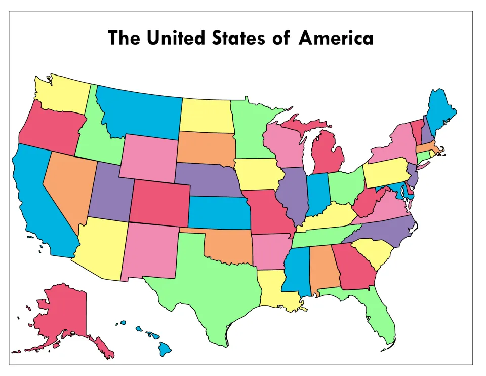 Color-coded US map showing all 50 states in bright colours, including Alaska and Hawaii, with no state names or labels