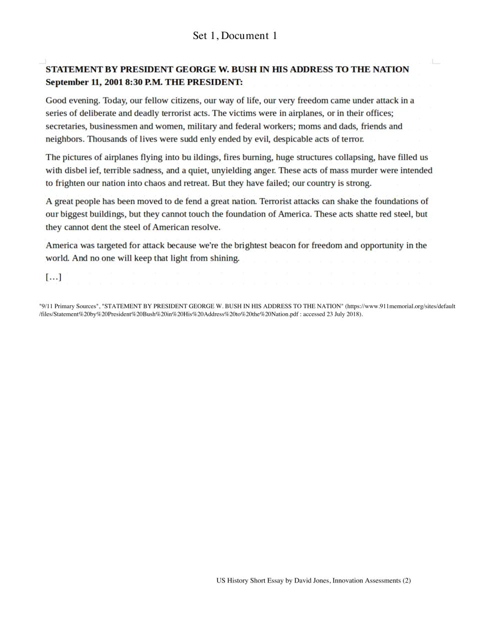 Set 1, Document 1: President George W. Bush's September 11, 2001, address on terrorist attacks and U.S. resolve