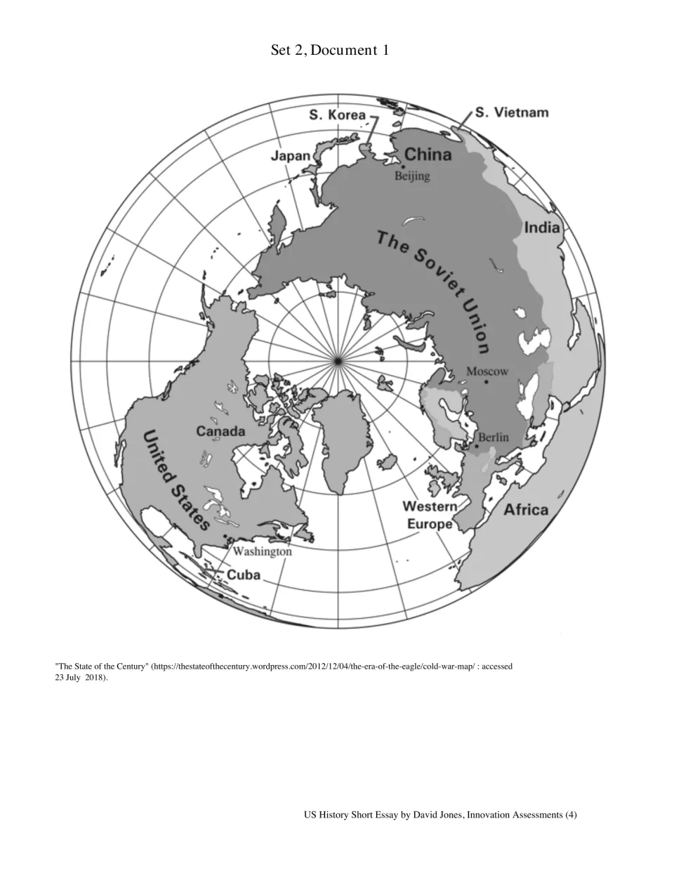 Set 2, Document 1: a polar-view Cold War map labels the United States, Soviet Union, China, and other locations