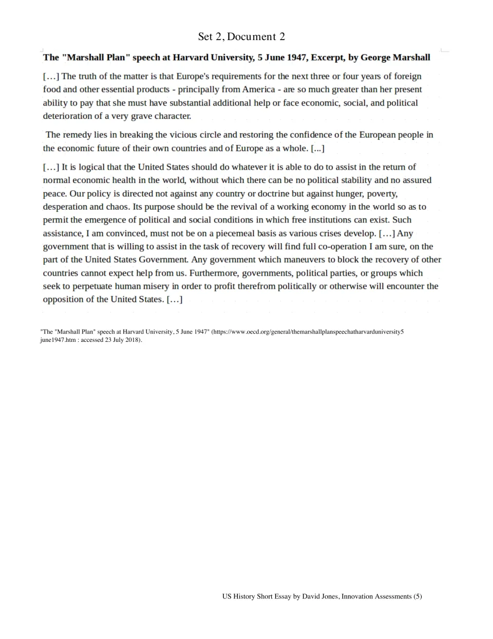 Set 2, Document 2: George Marshall's June 5, 1947, Harvard speech proposes U.S. aid for European recovery