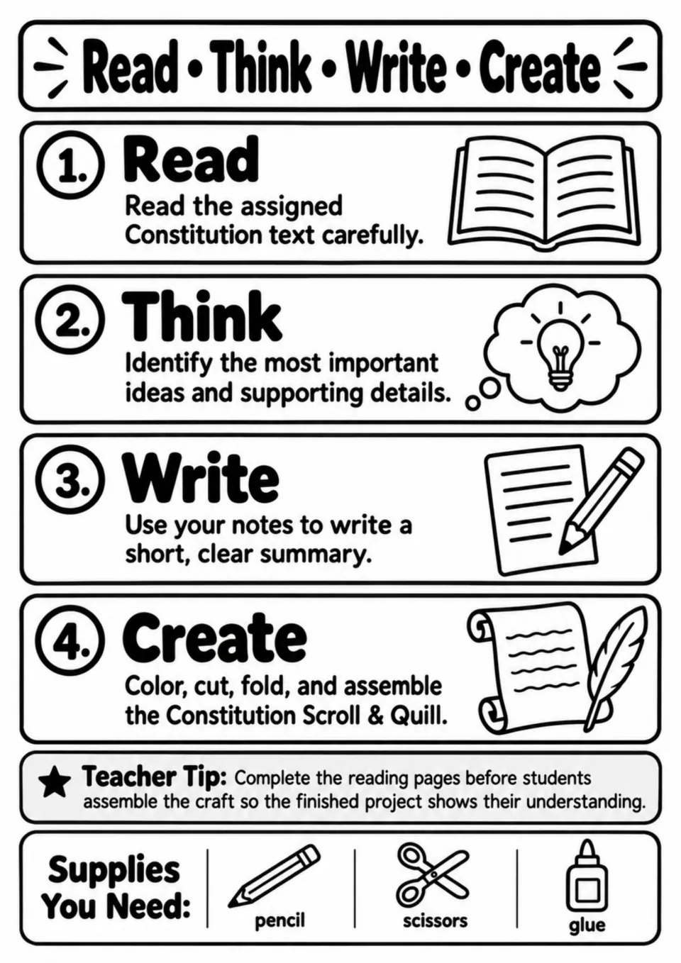 Project directions guide students to read, think, write a summary, and assemble a Constitution scroll and quill.