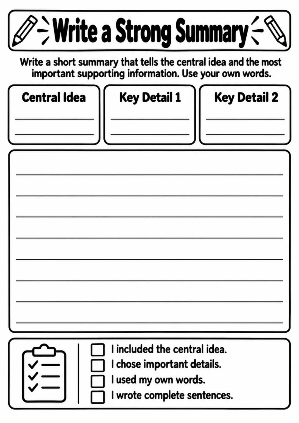 Summary writing activity includes a central idea, two key details, and a checklist for reviewing the draft.