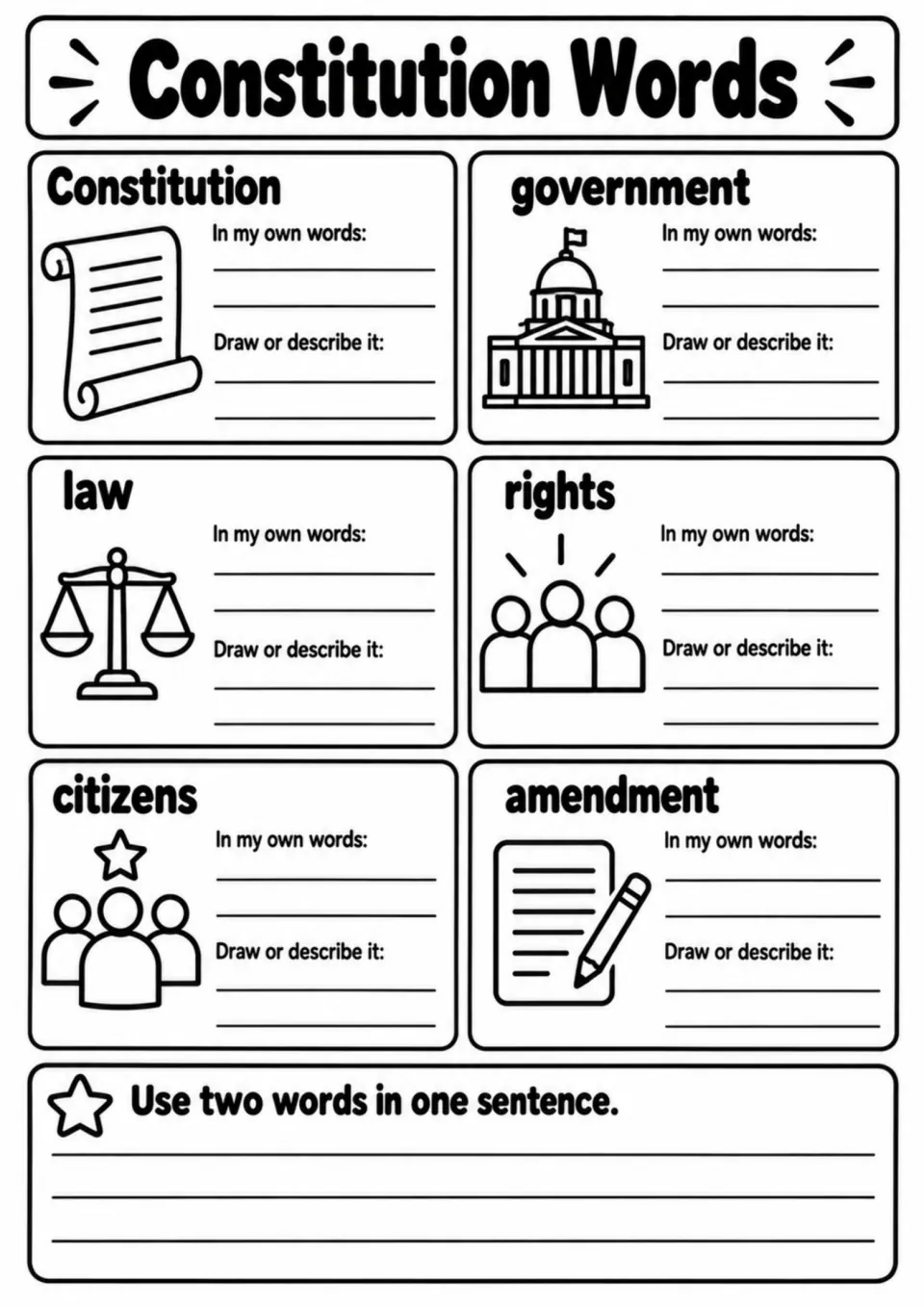 Constitution vocabulary activity covers Constitution, government, law, rights, citizens, and amendment.