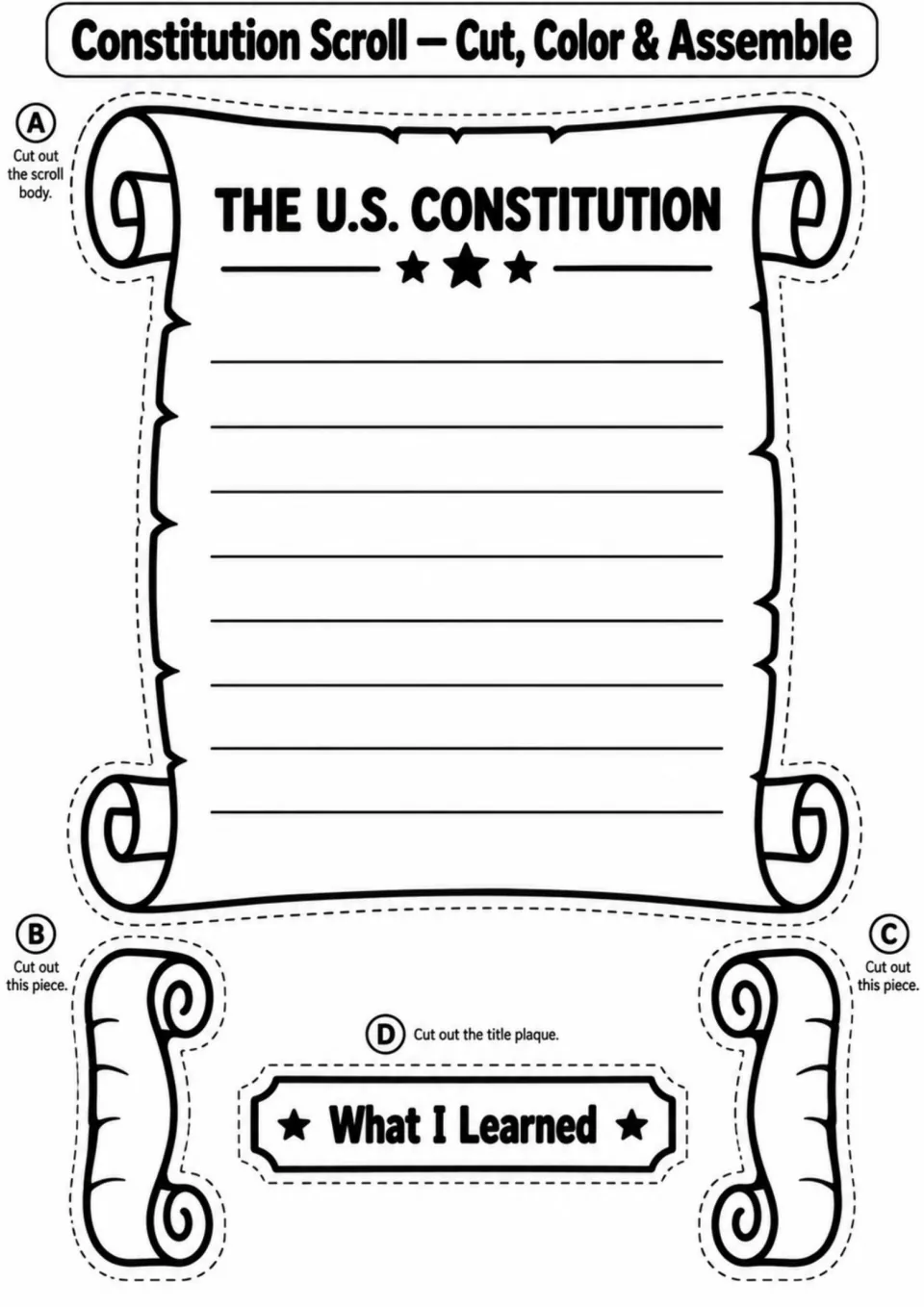 Scroll craft sheet includes a Constitution writing scroll, two extra scroll pieces, and a What I Learned plaque.